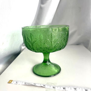 Vintage FTD 1978 Green Depression Glass Footed Pedestal Bowl Oak Leaf Pattern